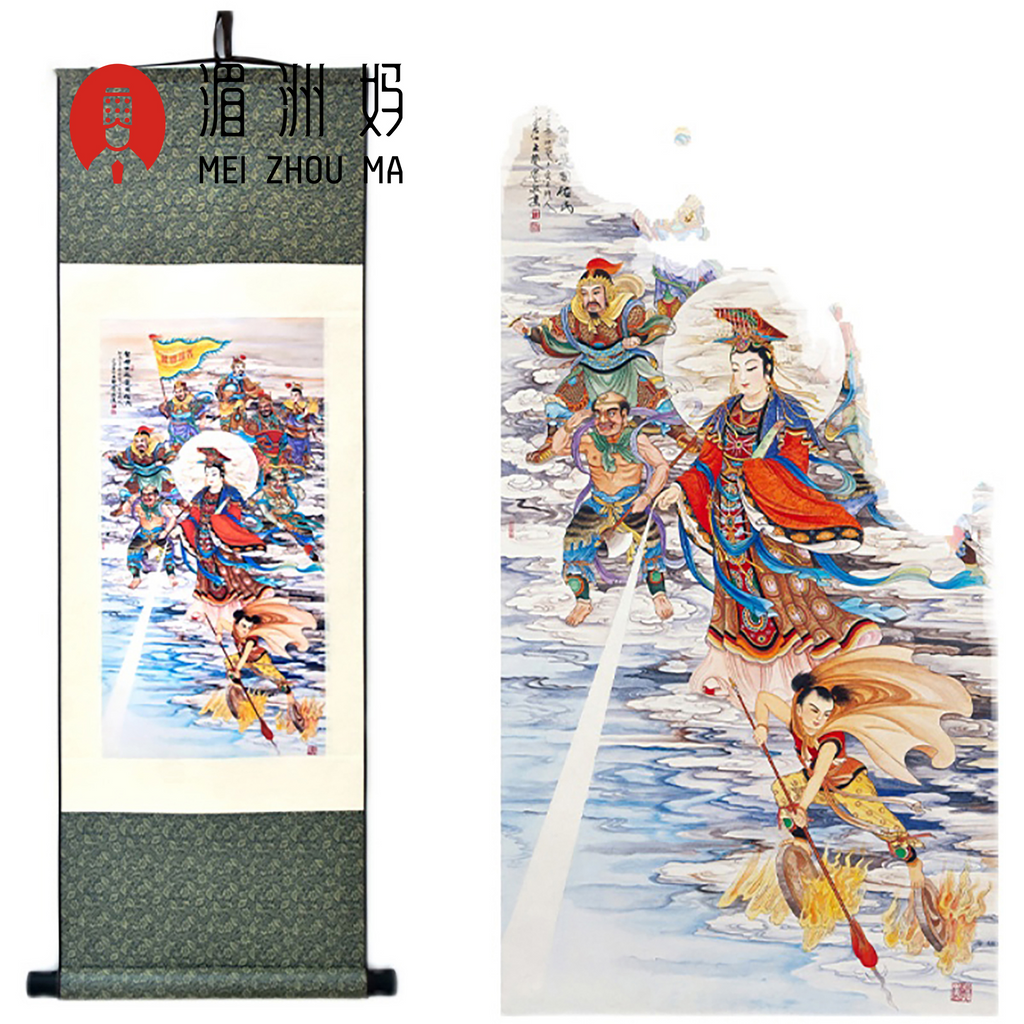 湄洲妈祖丝绸卷轴挂画天上圣母出巡图海上女神平安装饰复古挂画