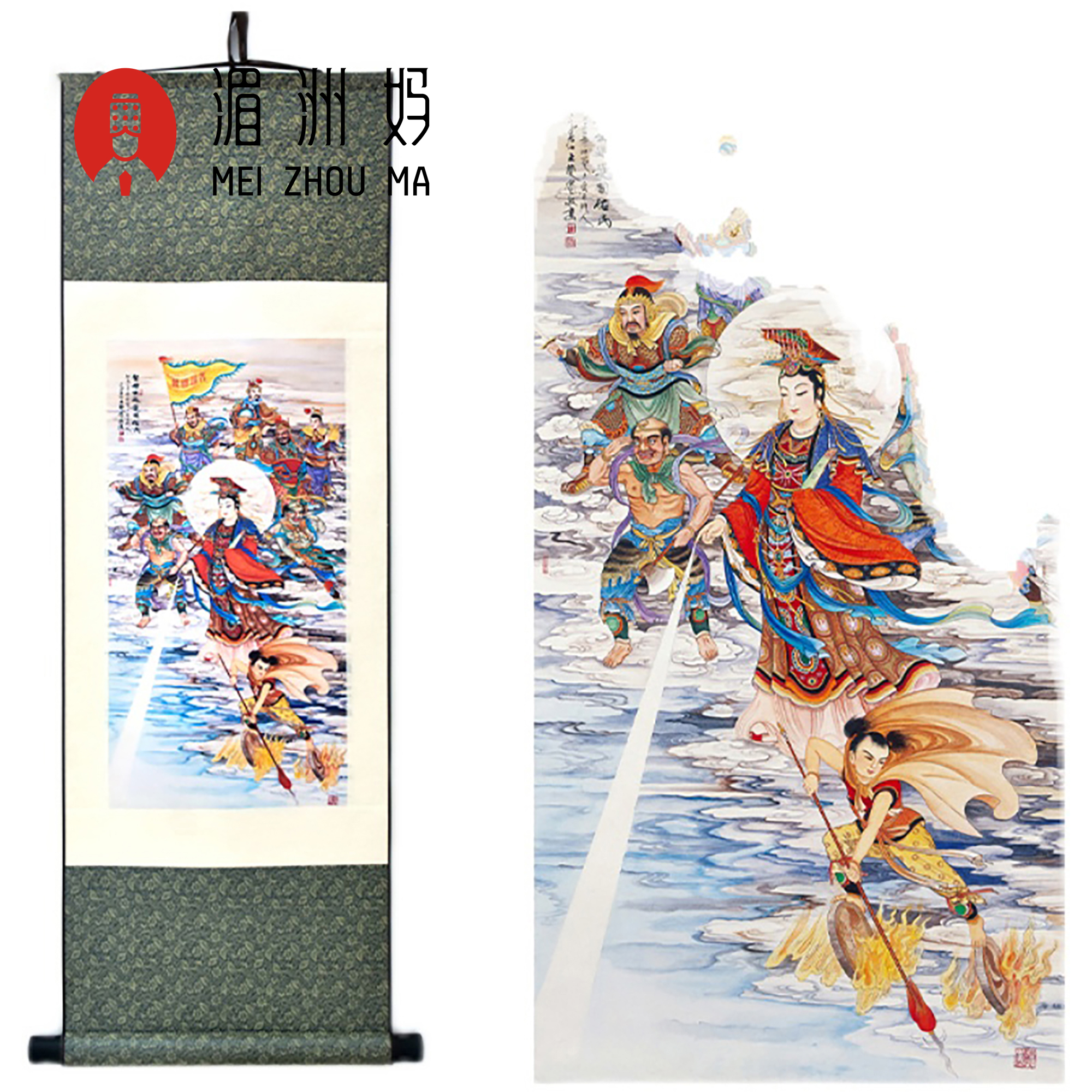湄洲妈祖丝绸卷轴挂画天上圣母出巡图海上女神平安装饰复古挂画