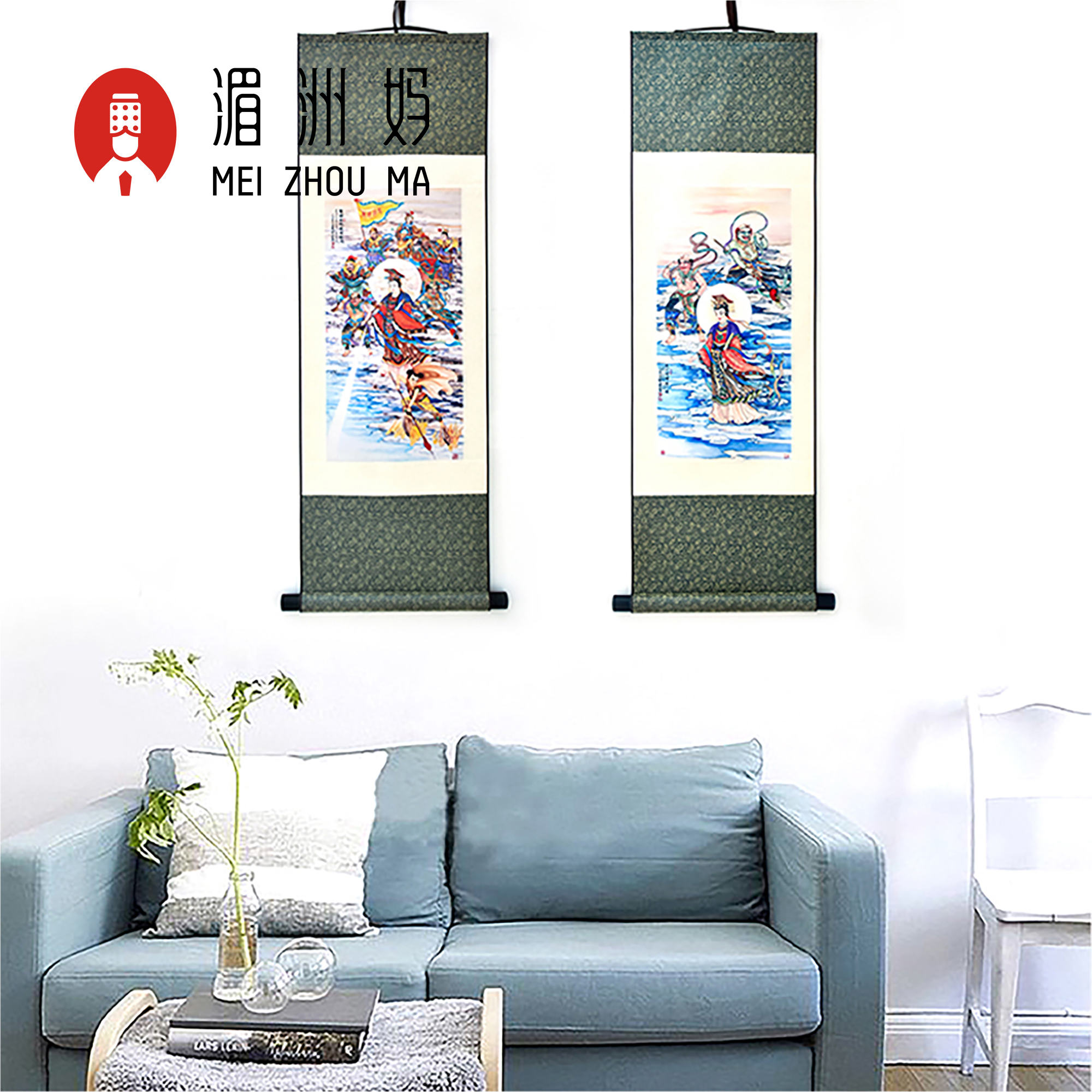 湄洲妈祖丝绸卷轴挂画天上圣母出巡图海上女神平安装饰复古挂画